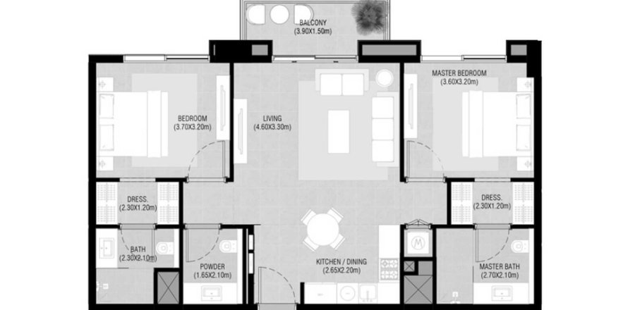 Планировка Квартиры «2BR» с 2 спальнями в ЖК Camden