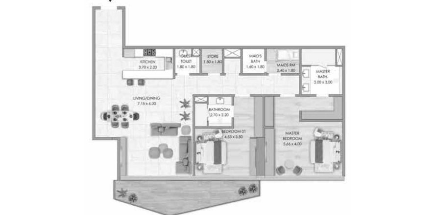 Планировка Квартиры «2BR» с 2 спальнями в ЖК Habtoor Grande Residence