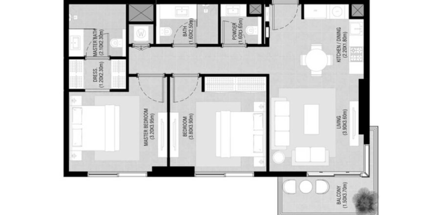 Планировка Квартиры «2BR» с 2 спальнями в ЖК Camden