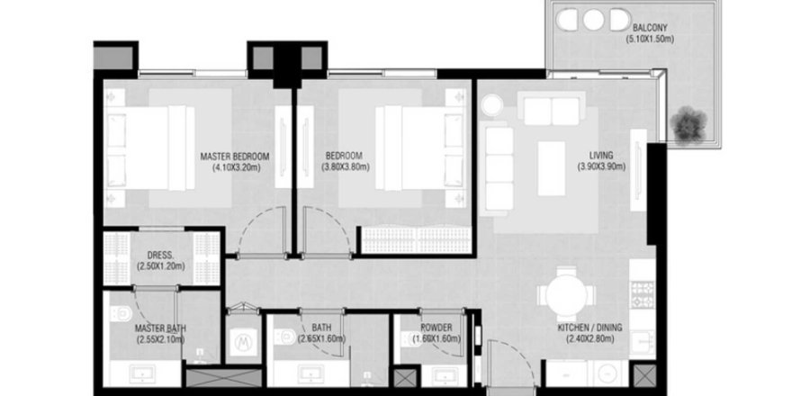 Планировка Квартиры «2BR» с 2 спальнями в ЖК Camden