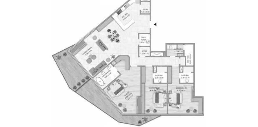 Планировка Квартиры «3BR» с 3 спальнями в ЖК Habtoor Grande Residence