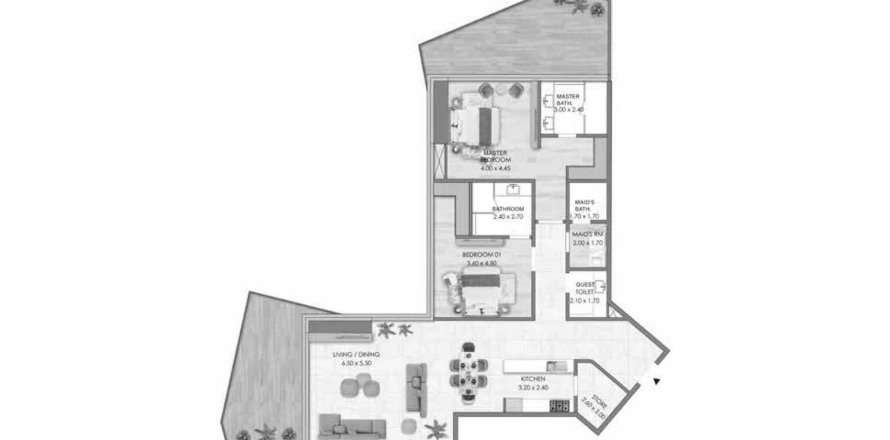 Планировка Квартиры «2BR» с 2 спальнями в ЖК Habtoor Grande Residence