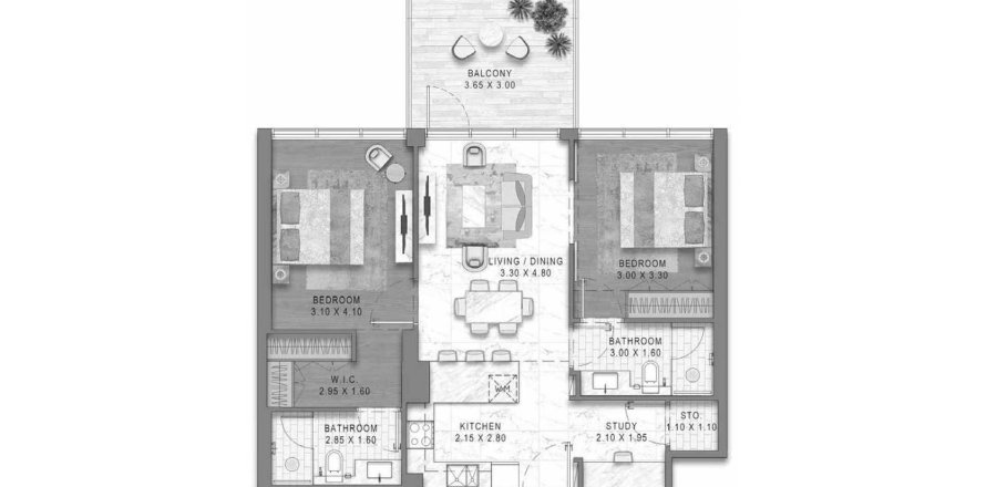 2 bedrooms Apartment floor plan «TYPE A5» in Damac District