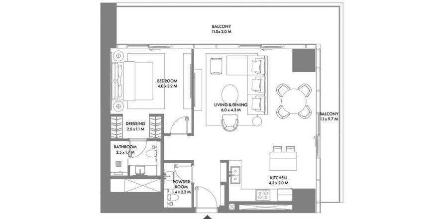 Планировка Квартиры «1BR» с 1 спальней в ЖК W Residences Dubai Harbour