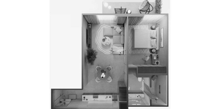 Планировка Квартиры «1BR» с 1 спальней в ЖК OAK YARD