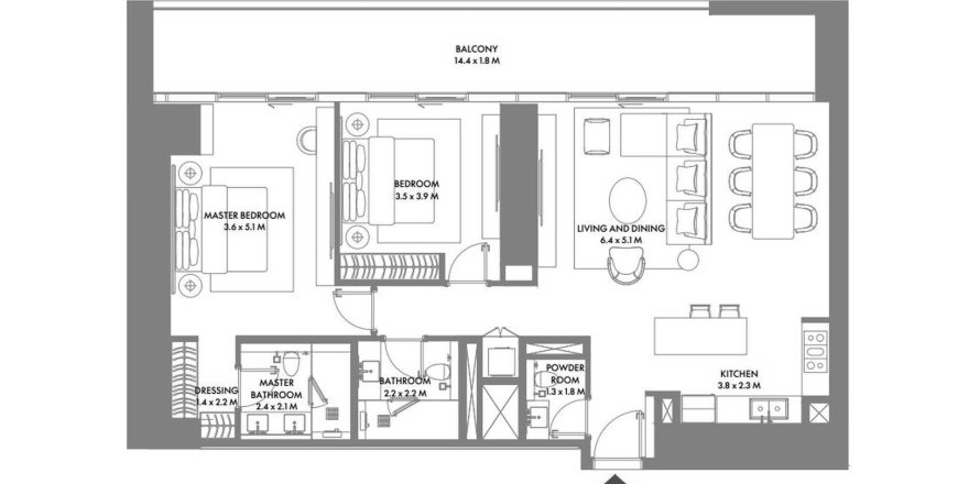 Планировка Квартиры «2BR» с 2 спальнями в ЖК W Residences Dubai Harbour