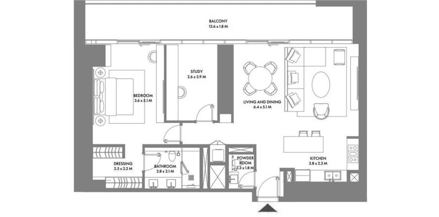 Планировка Квартиры «1BR» с 1 спальней в ЖК W Residences Dubai Harbour