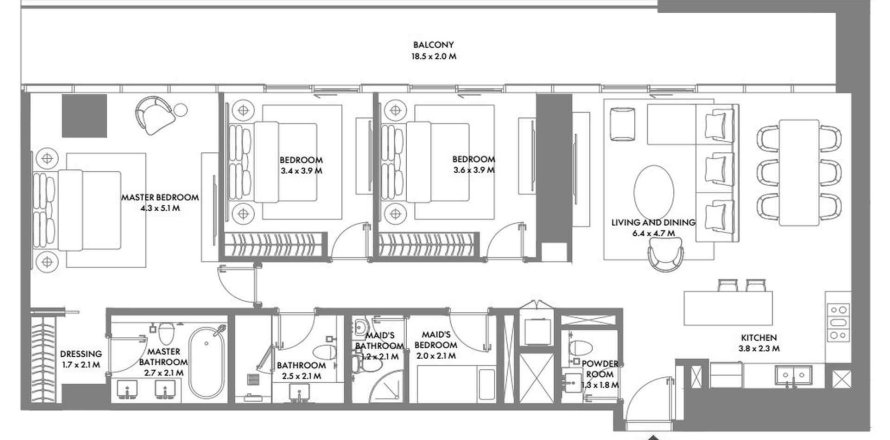 Планировка Квартиры «3BR» с 3 спальнями в ЖК W Residences Dubai Harbour