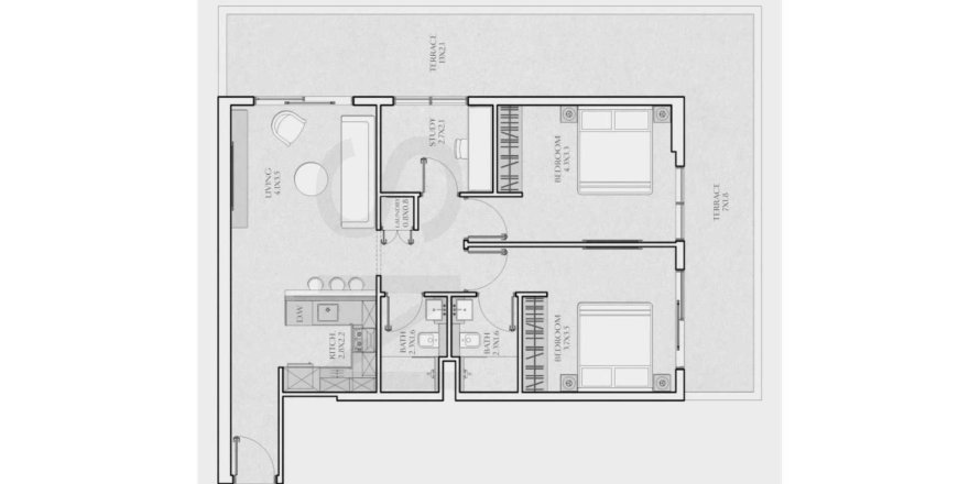 Планировка Квартиры «2BR» с 2 спальнями в ЖК Tavora Residences