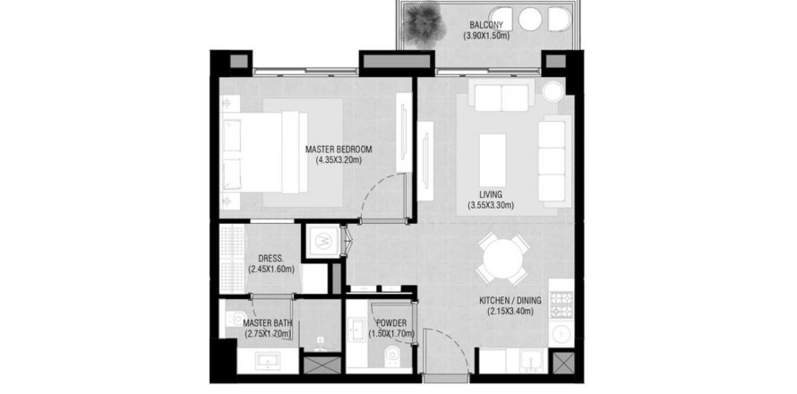 Планировка Квартиры «1BR» с 1 спальней в ЖК Camden